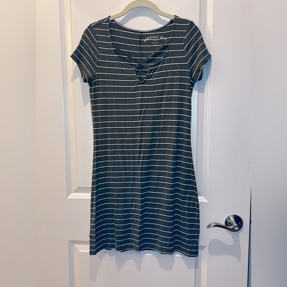 Aero Seriously Soft Army Green Striped Dress Size Small - Picture 1 of 9
